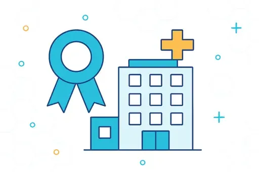 Ilustração de hospital com selo de acreditação.