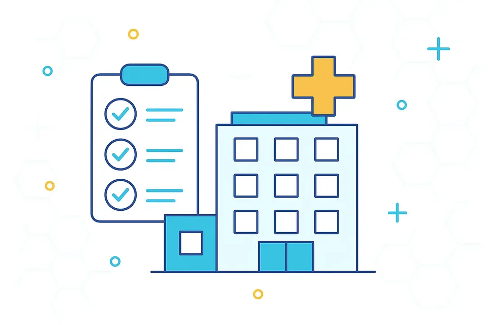 Ilustração de checklist de PMOC ao lado de um hospital.
